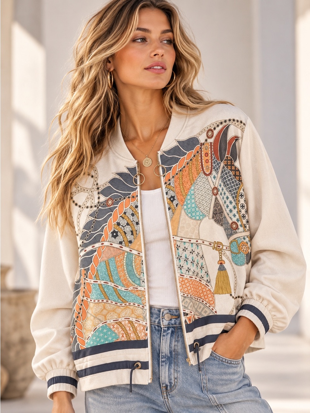 F56. From Italy 🇮🇹 Suede Horse-Print Bomber Jacket